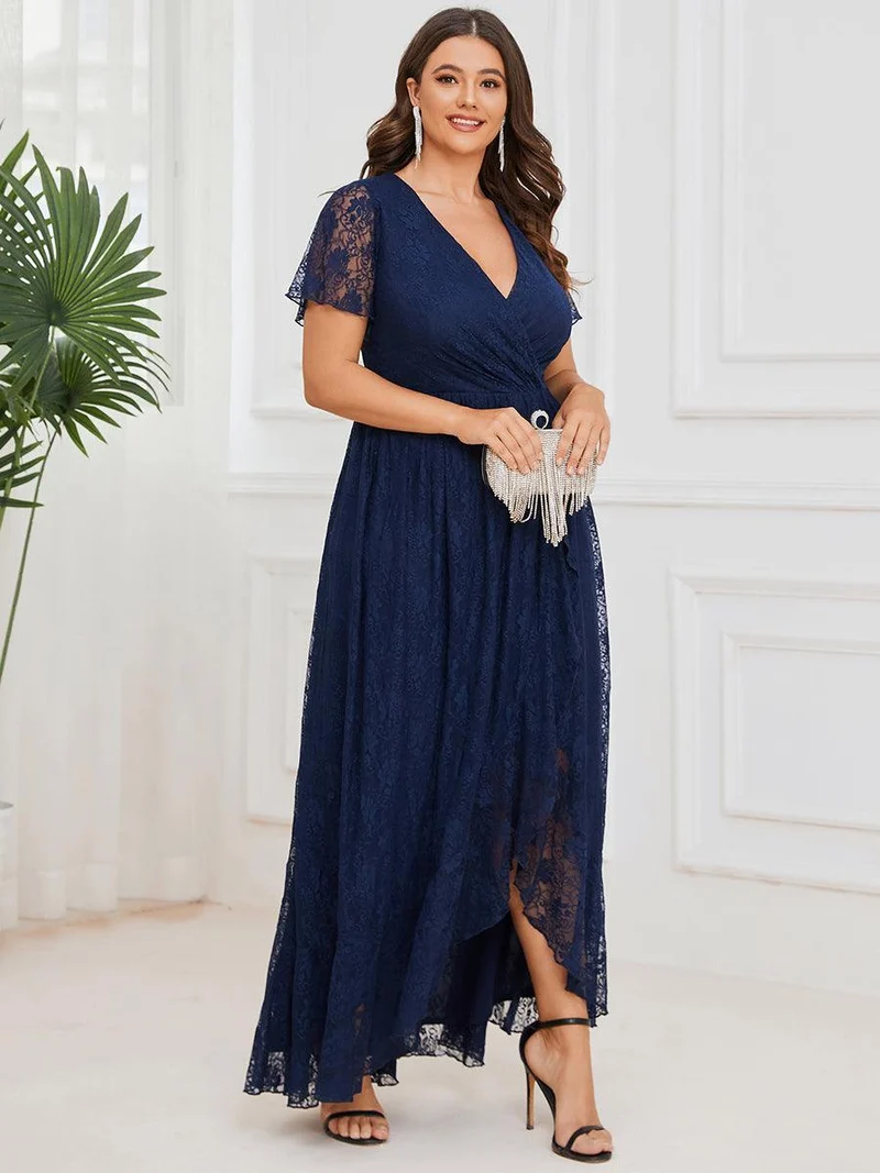 pretty ELISE|Robe de soirée en dentelle plissée à manches courtes et col en V Grande taille