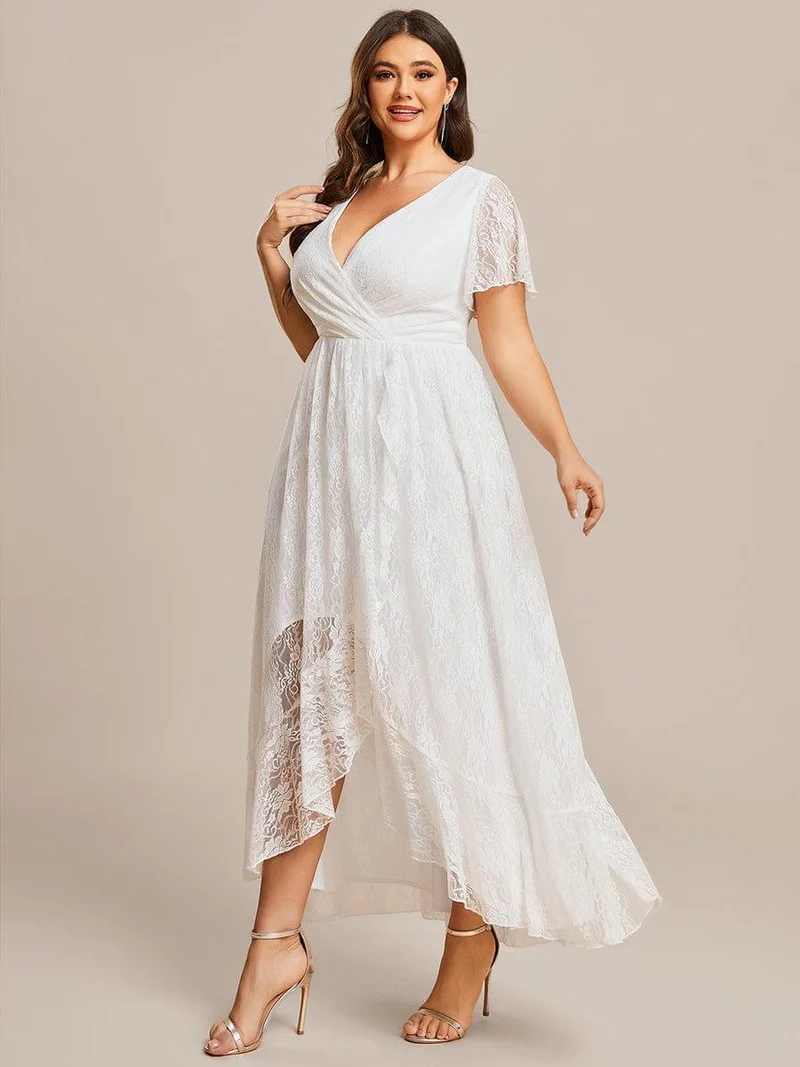 pretty ELISE|Robe de soirée en dentelle plissée à manches courtes et col en V Grande taille