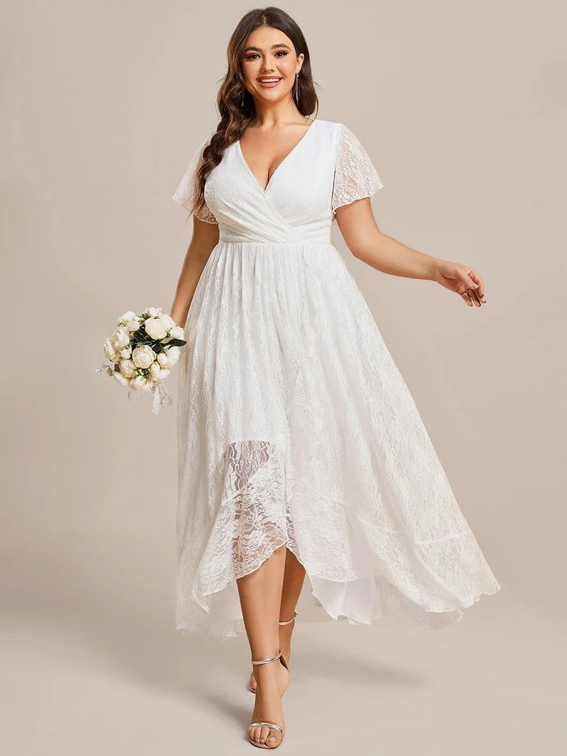 pretty ELISE|Robe de soirée en dentelle plissée à manches courtes et col en V Grande taille