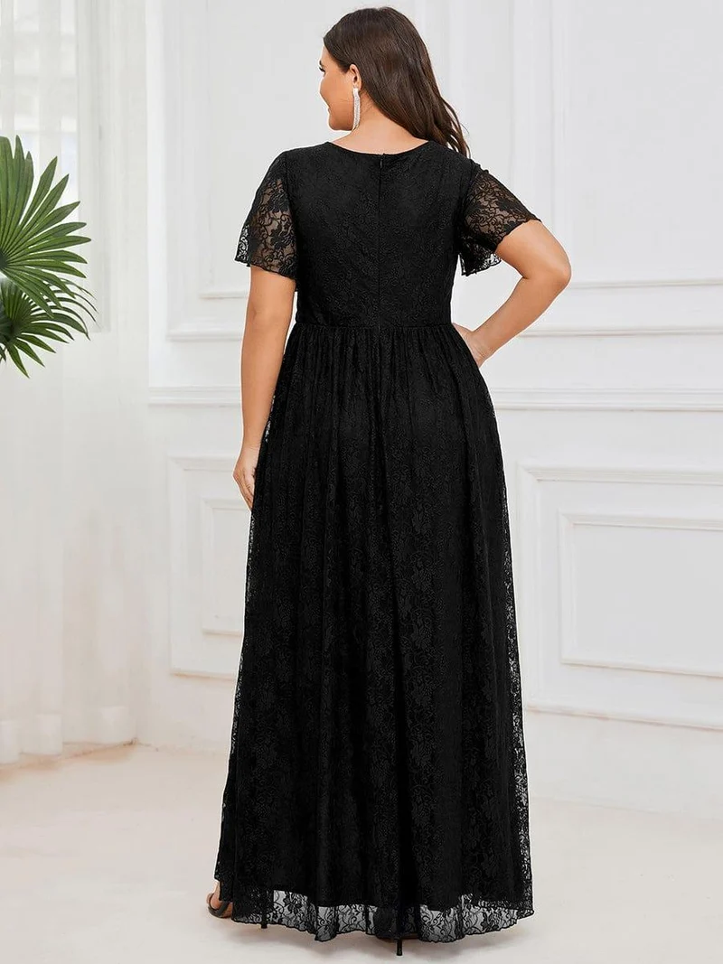 pretty ELISE|Robe de soirée en dentelle plissée à manches courtes et col en V Grande taille