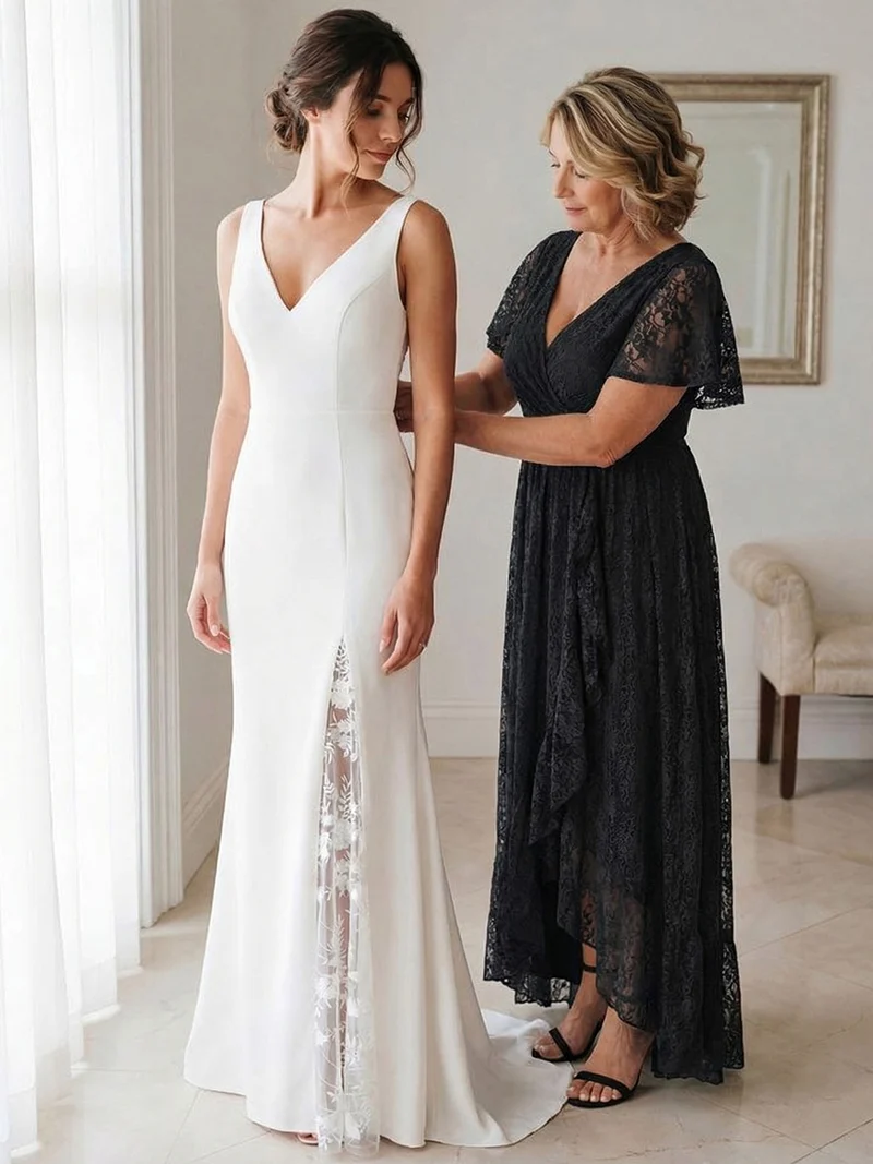 pretty ELISE|Robe de soirée en dentelle plissée à manches courtes et col en V Grande taille