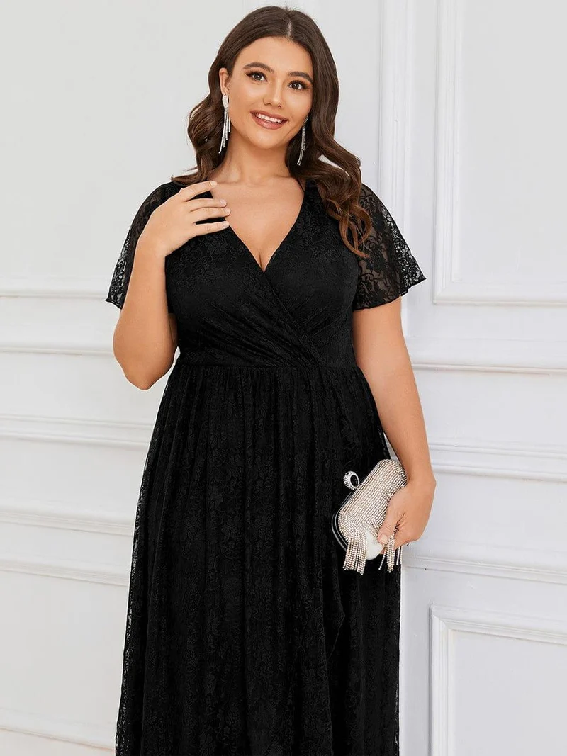 pretty ELISE|Robe de soirée en dentelle plissée à manches courtes et col en V Grande taille