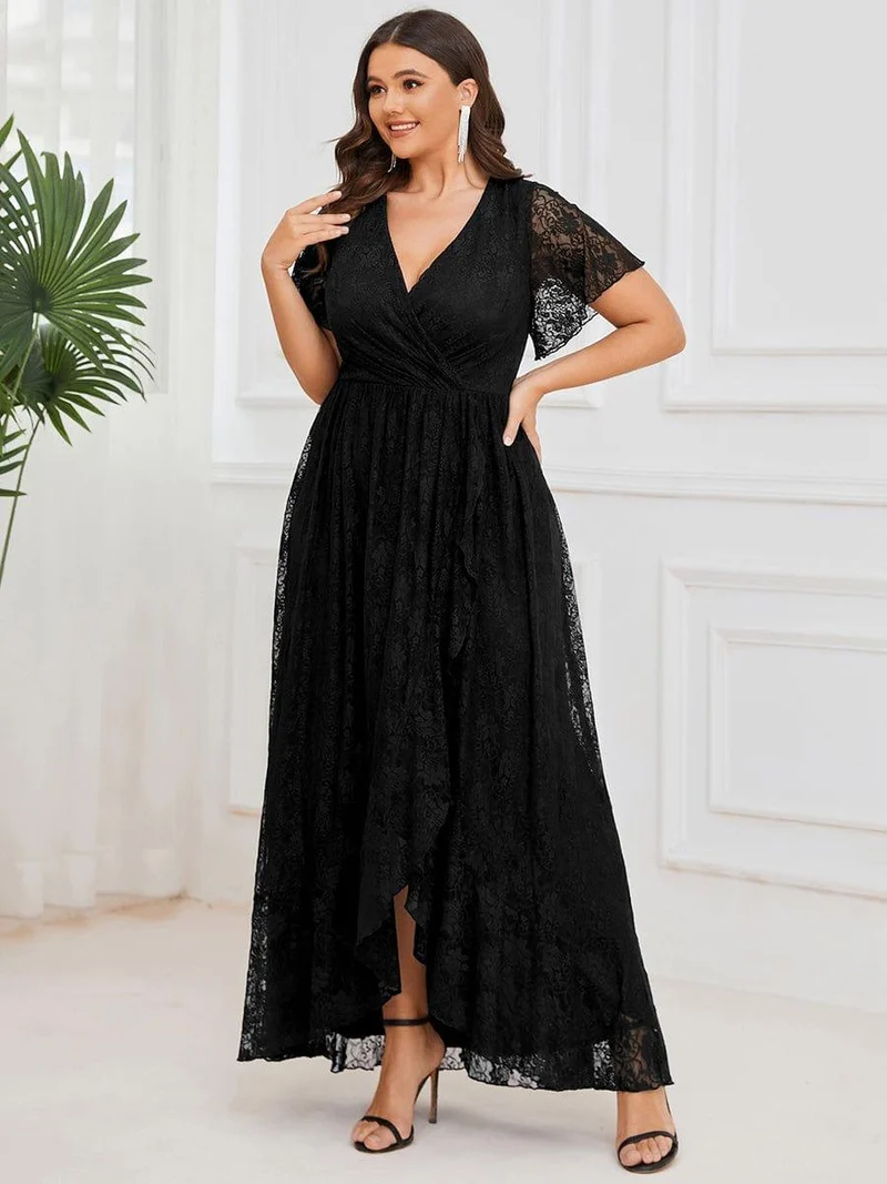 pretty ELISE|Robe de soirée en dentelle plissée à manches courtes et col en V Grande taille