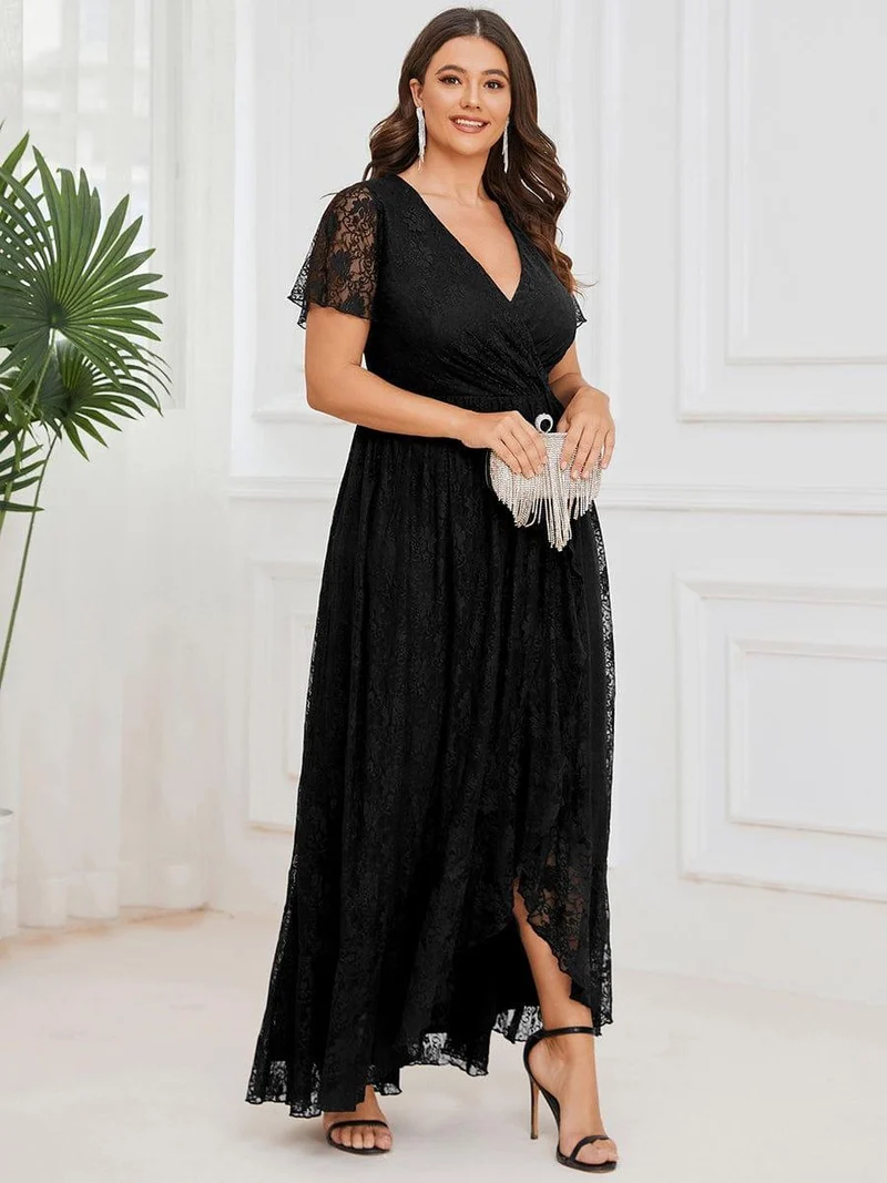 pretty ELISE|Robe de soirée en dentelle plissée à manches courtes et col en V Grande taille