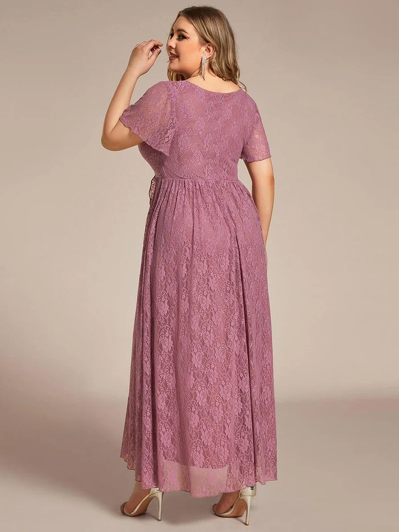 pretty ELISE|Robe de soirée en dentelle plissée à manches courtes et col en V Grande taille