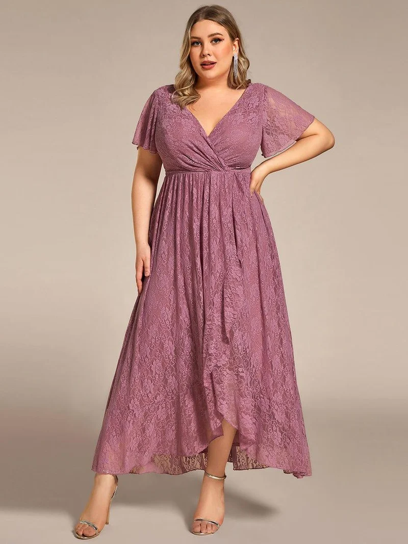 pretty ELISE|Robe de soirée en dentelle plissée à manches courtes et col en V Grande taille