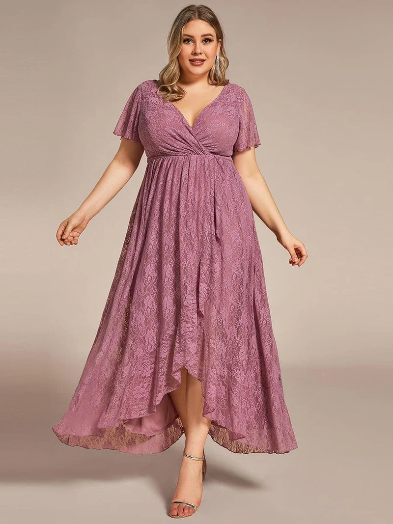 pretty ELISE|Robe de soirée en dentelle plissée à manches courtes et col en V Grande taille