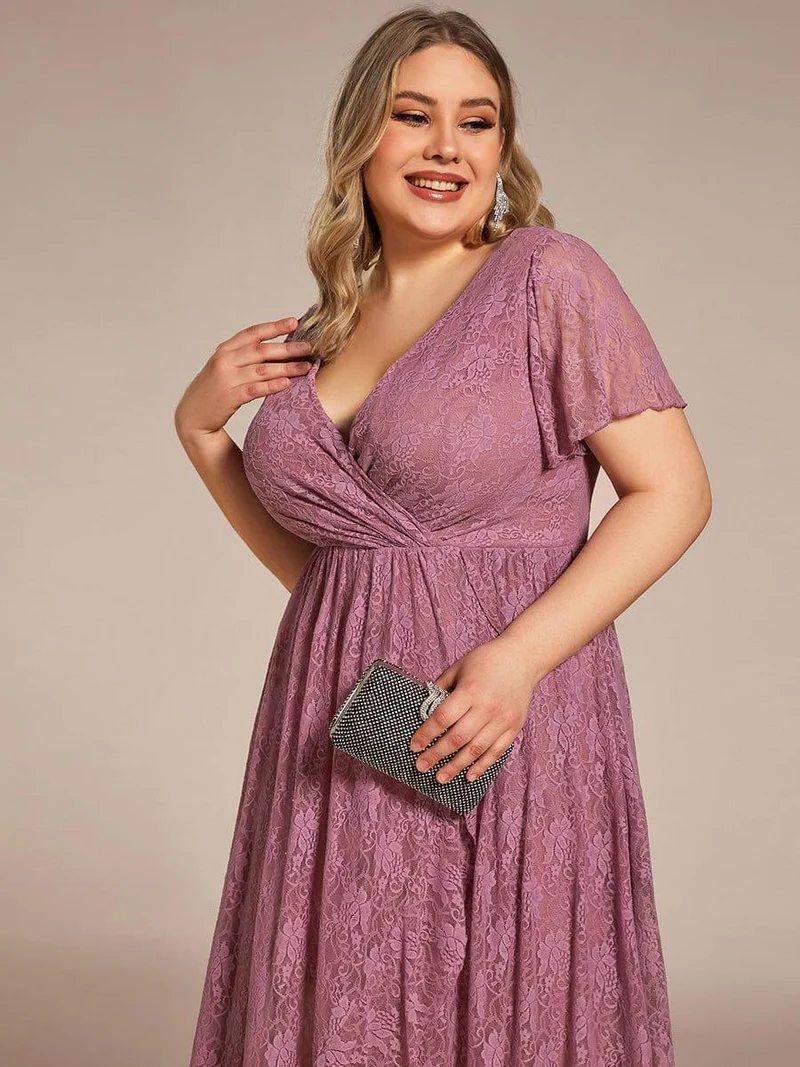 pretty ELISE|Robe de soirée en dentelle plissée à manches courtes et col en V Grande taille