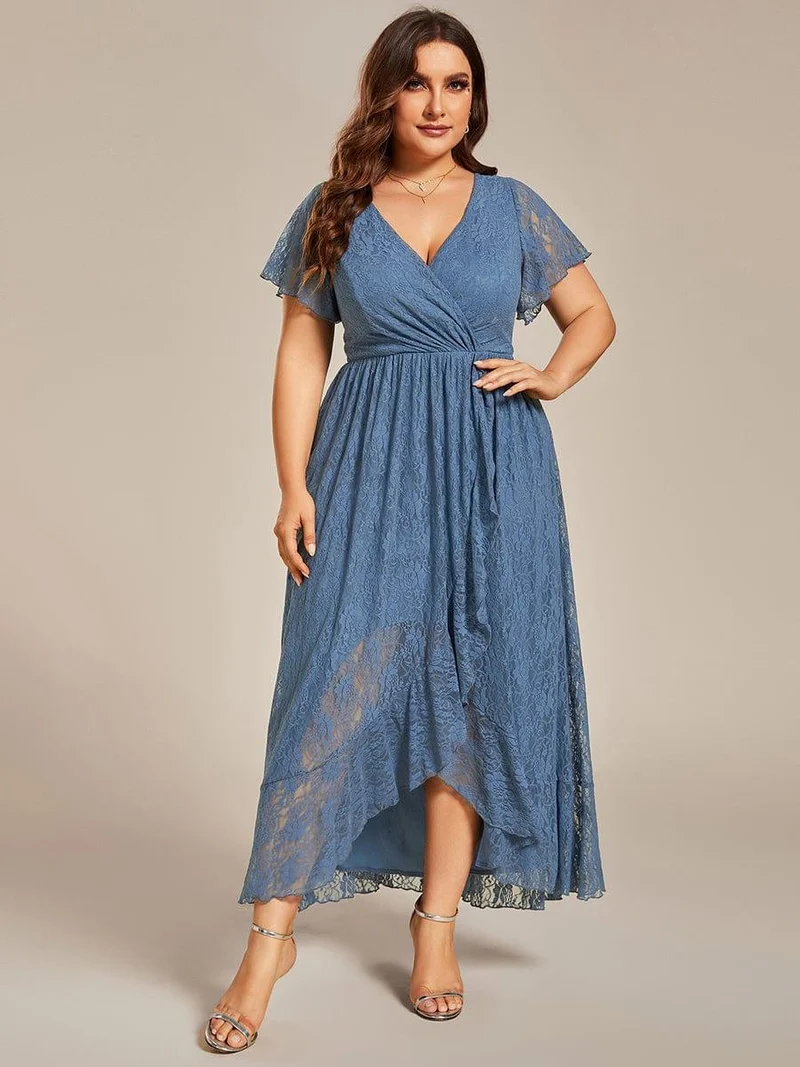 pretty ELISE|Robe de soirée en dentelle plissée à manches courtes et col en V Grande taille