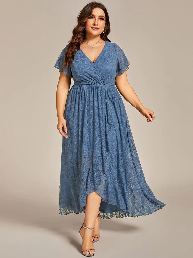pretty ELISE|Robe de soirée en dentelle plissée à manches courtes et col en V Grande taille