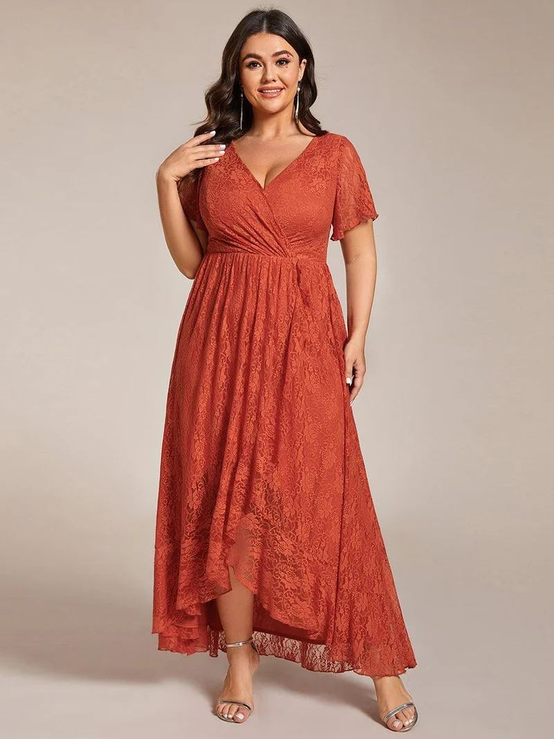 pretty ELISE|Robe de soirée en dentelle plissée à manches courtes et col en V Grande taille