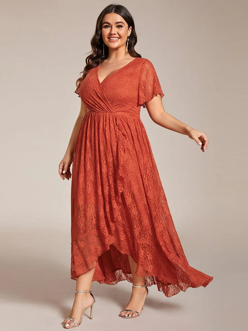 pretty ELISE|Robe de soirée en dentelle plissée à manches courtes et col en V Grande taille