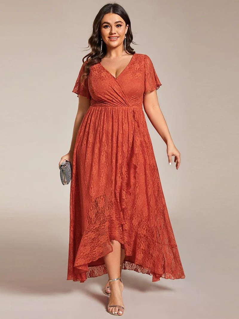 pretty ELISE|Robe de soirée en dentelle plissée à manches courtes et col en V Grande taille