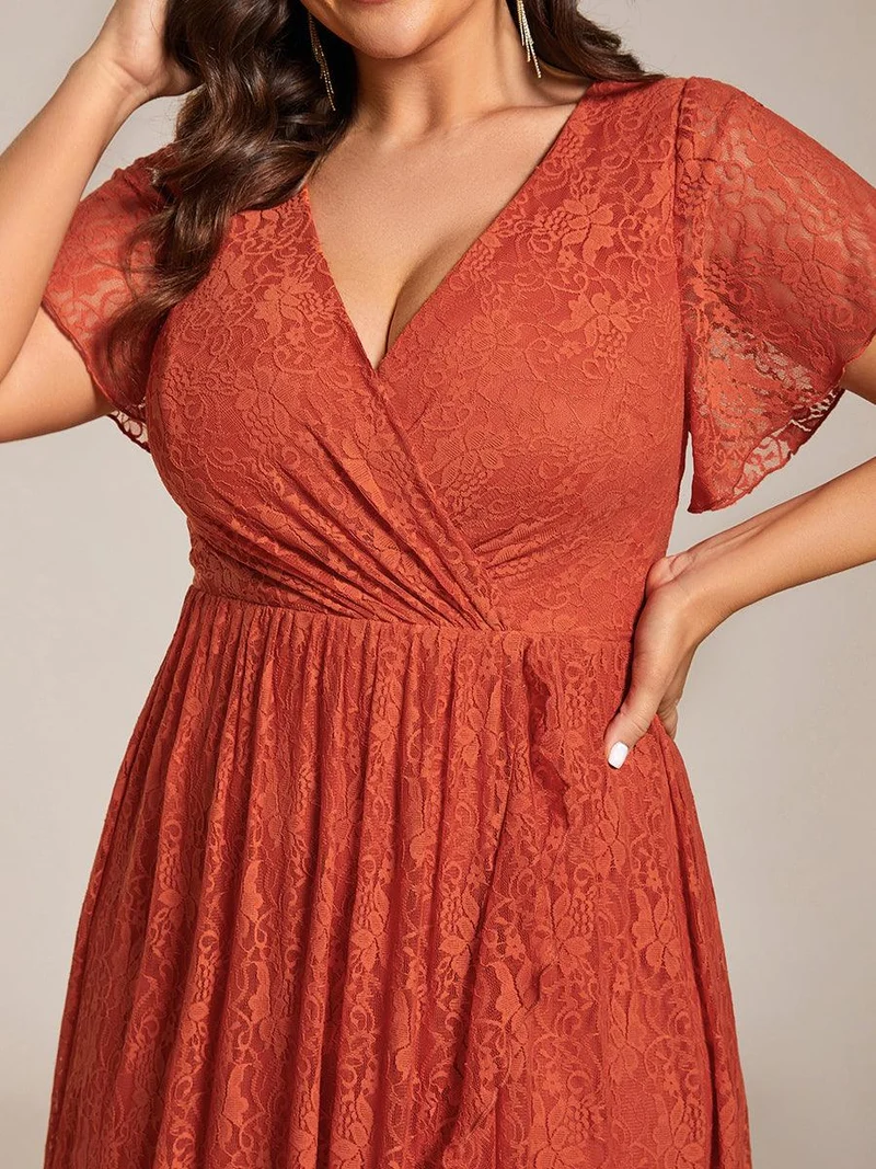 pretty ELISE|Robe de soirée en dentelle plissée à manches courtes et col en V Grande taille