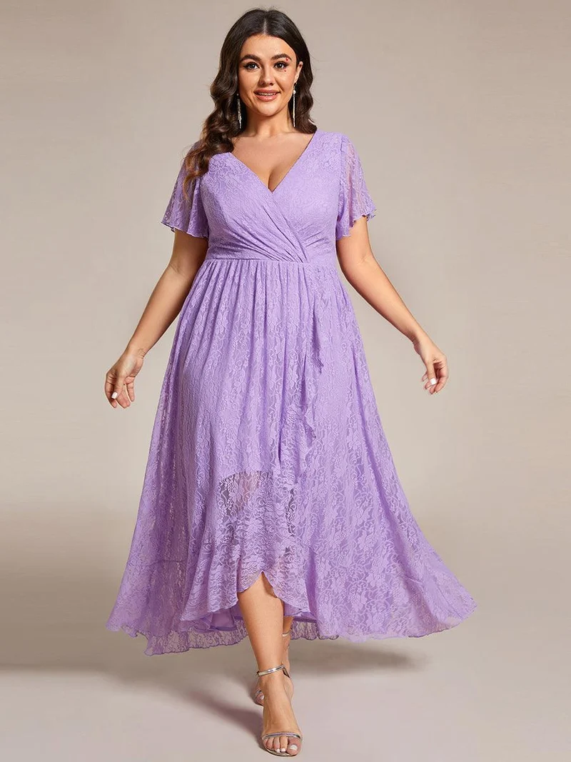 pretty ELISE|Robe de soirée en dentelle plissée à manches courtes et col en V Grande taille