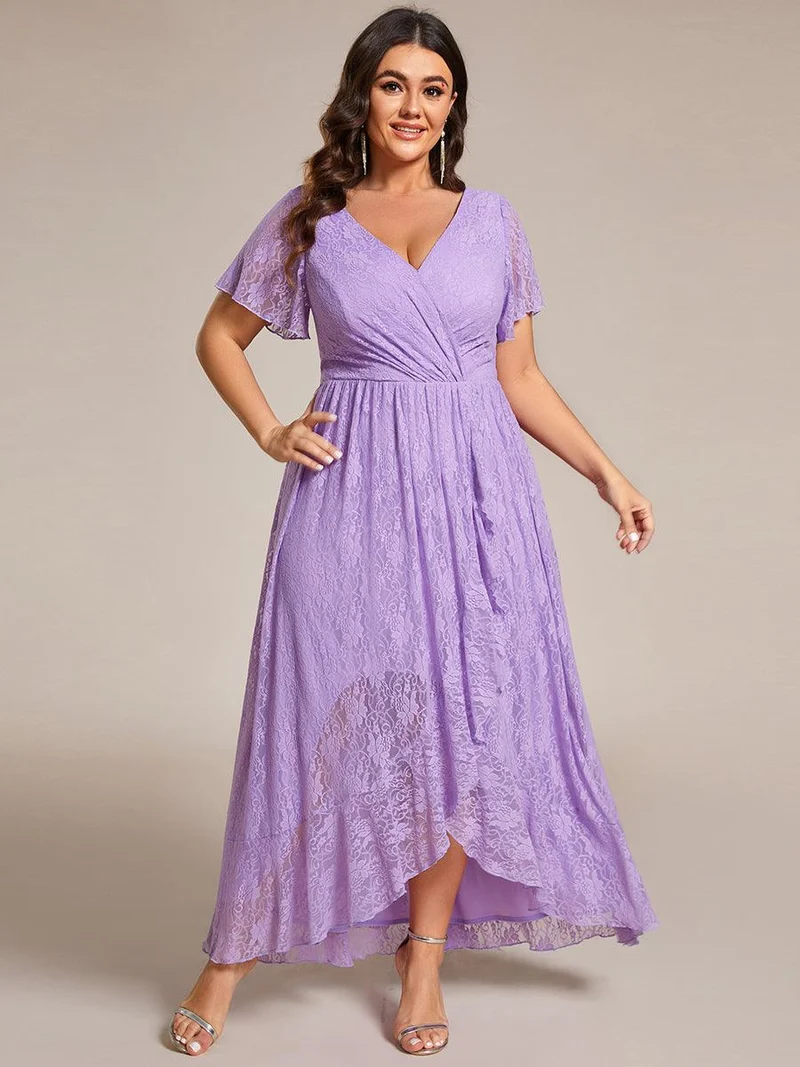 pretty ELISE|Robe de soirée en dentelle plissée à manches courtes et col en V Grande taille