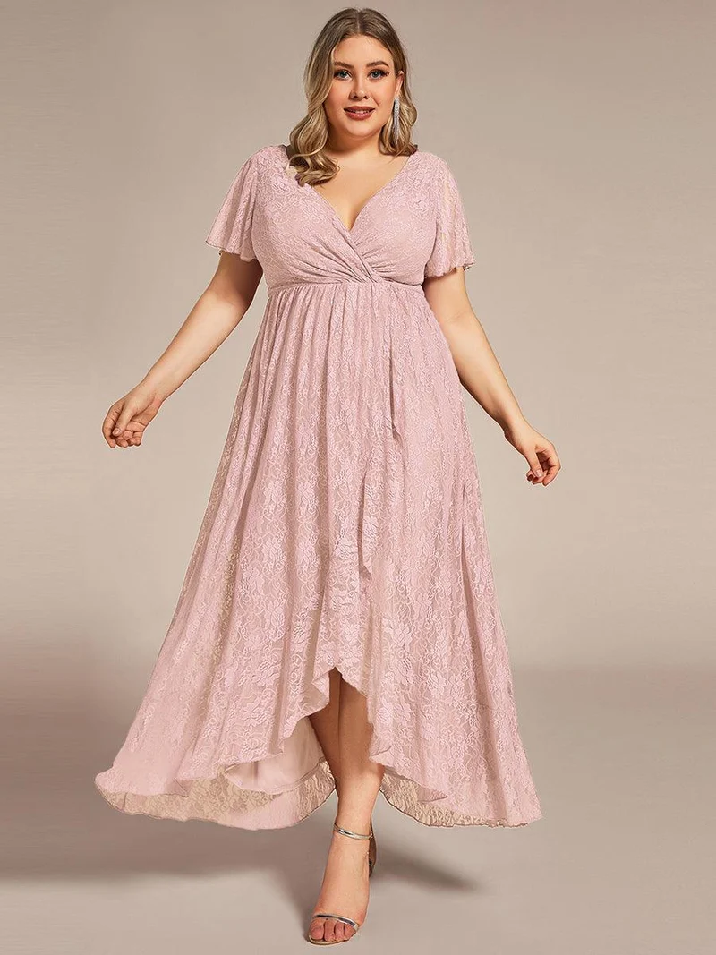 pretty ELISE|Robe de soirée en dentelle plissée à manches courtes et col en V Grande taille