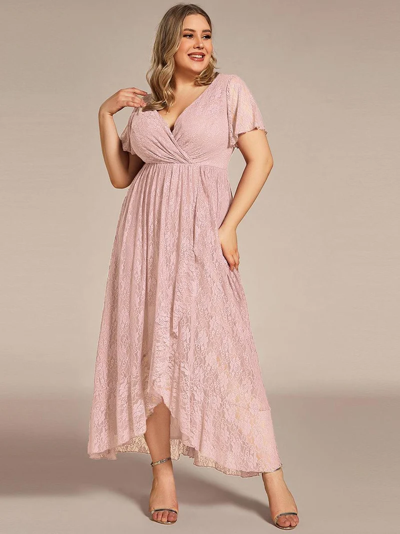 pretty ELISE|Robe de soirée en dentelle plissée à manches courtes et col en V Grande taille