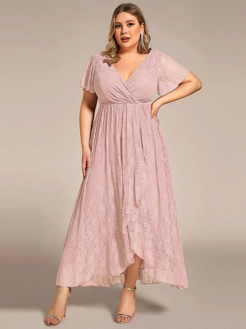 pretty ELISE|Robe de soirée en dentelle plissée à manches courtes et col en V Grande taille