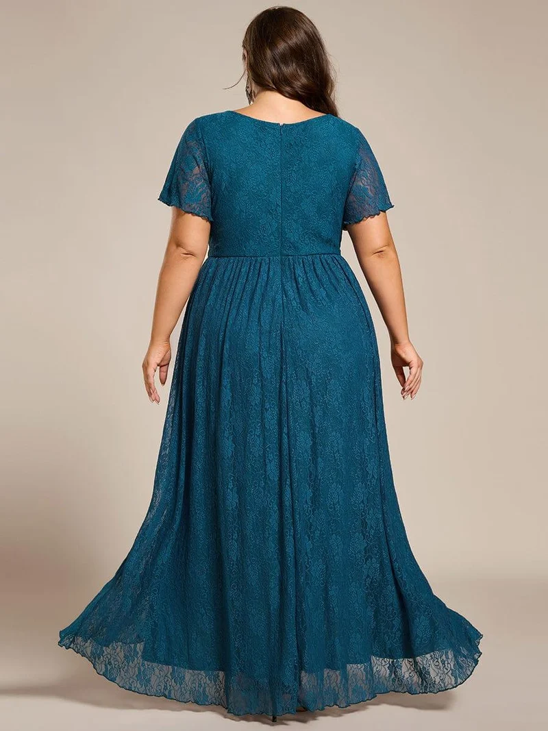 pretty ELISE|Robe de soirée en dentelle plissée à manches courtes et col en V Grande taille