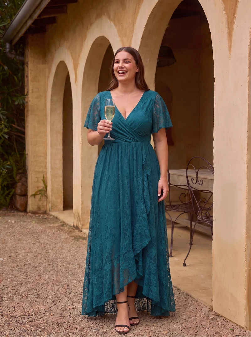 pretty ELISE|Robe de soirée en dentelle plissée à manches courtes et col en V Grande taille