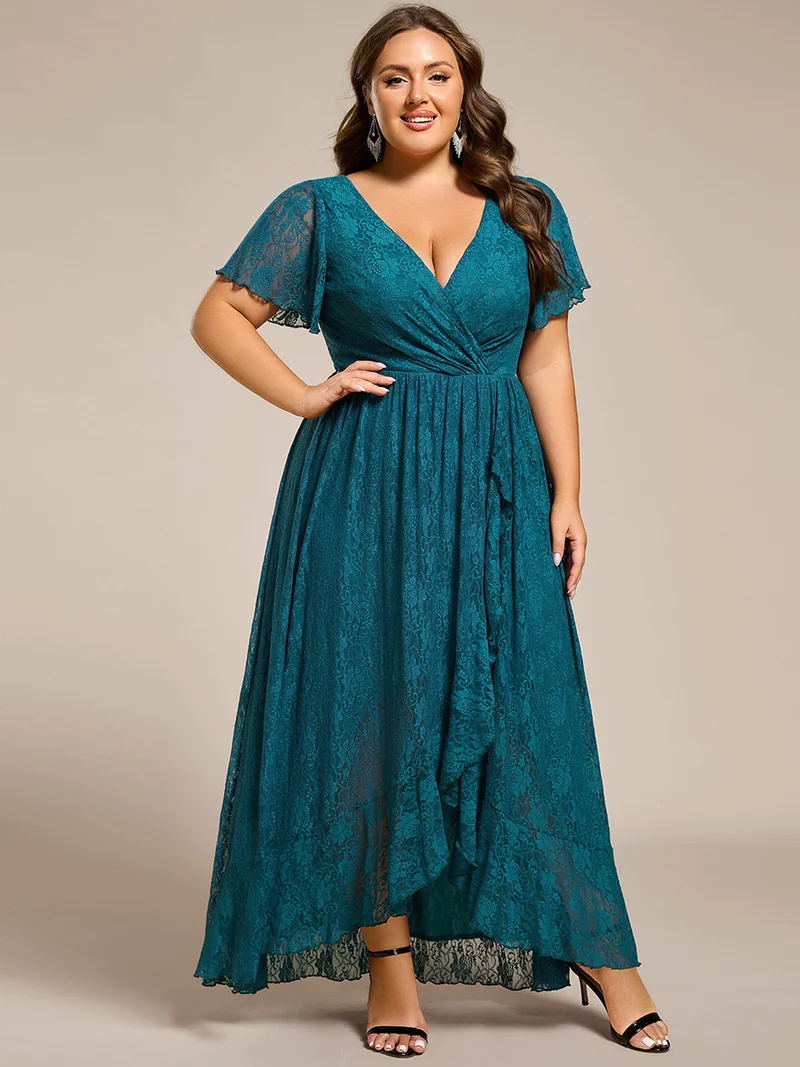 pretty ELISE|Robe de soirée en dentelle plissée à manches courtes et col en V Grande taille