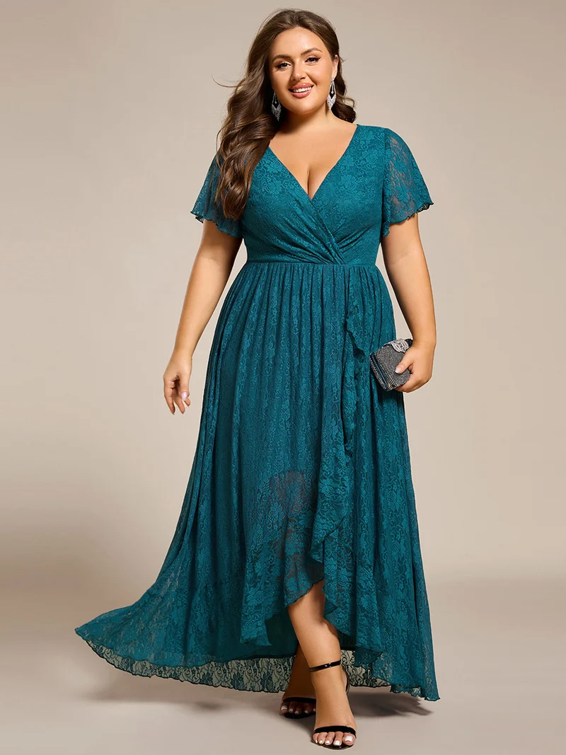 pretty ELISE|Robe de soirée en dentelle plissée à manches courtes et col en V Grande taille