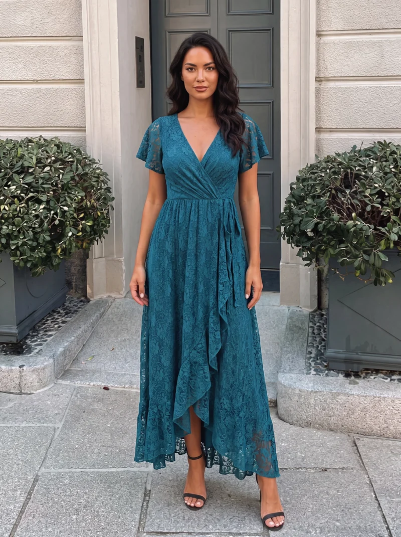 ever ELISE|Robe de soirée en dentelle plissée à manches courtes et col en V