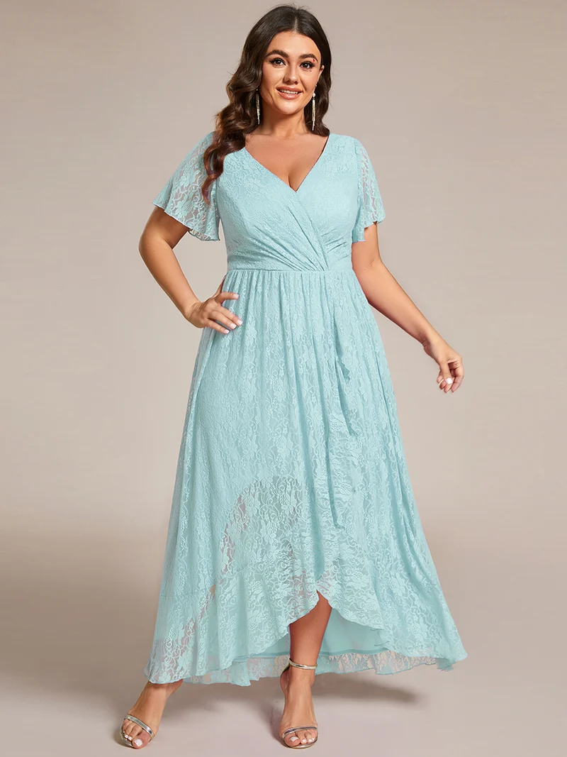 ever ELISE|Robe de soirée en dentelle plissée à manches courtes et col en V