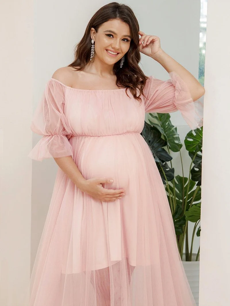 Robe Maxi de Grossesse à Double Jupe en Tulle à Epaules Dénudées de Grande Taille (Vente finale)
