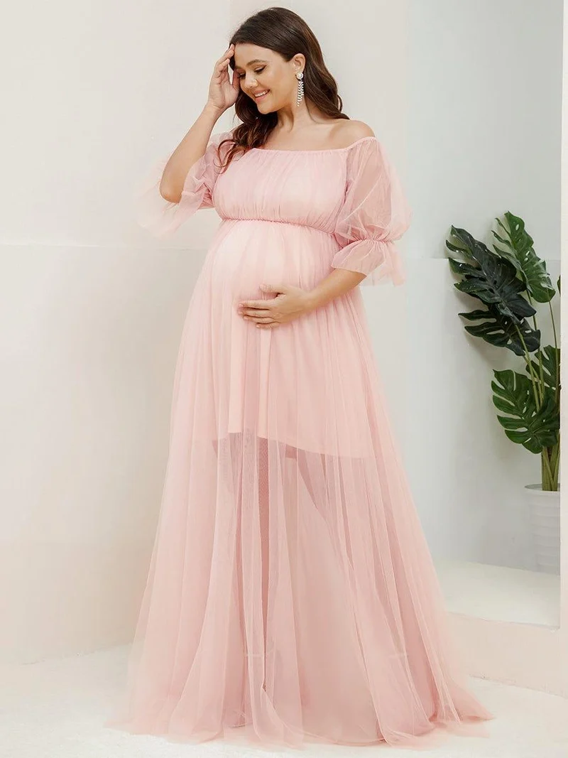 Robe Maxi de Grossesse à Double Jupe en Tulle à Epaules Dénudées de Grande Taille (Vente finale)