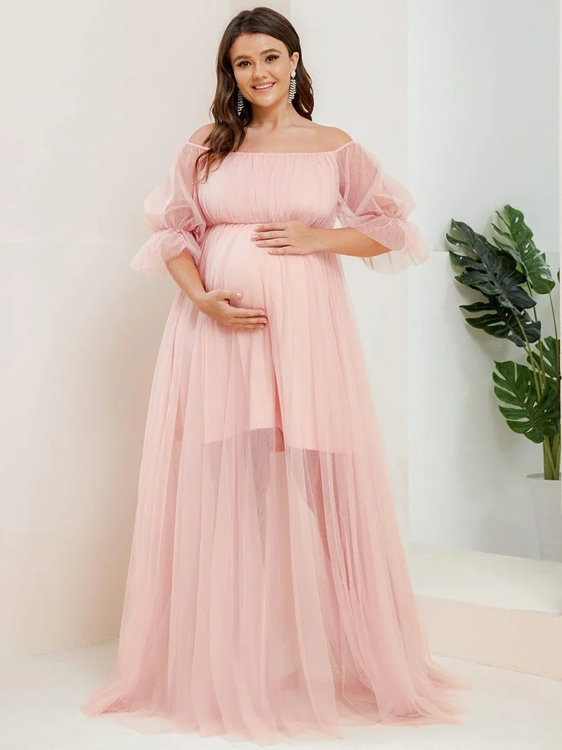 Robe Maxi de Grossesse à Double Jupe en Tulle à Epaules Dénudées de Grande Taille (Vente finale)