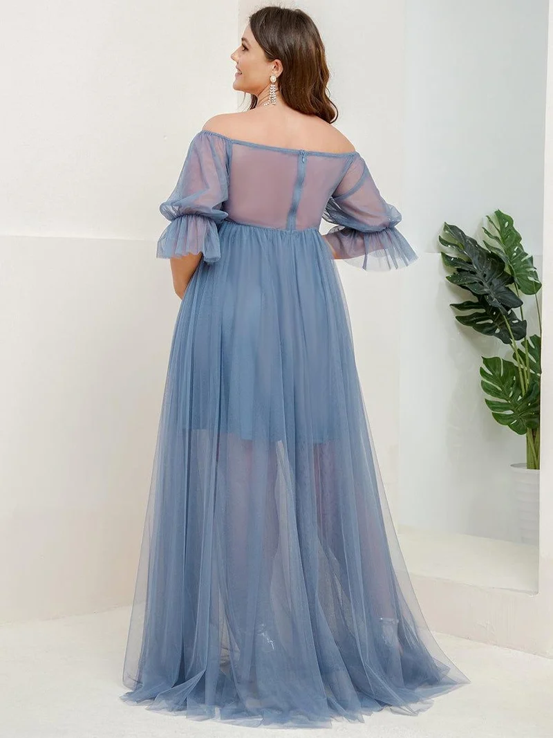 Robe Maxi de Grossesse à Double Jupe en Tulle à Epaules Dénudées de Grande Taille (Vente finale)