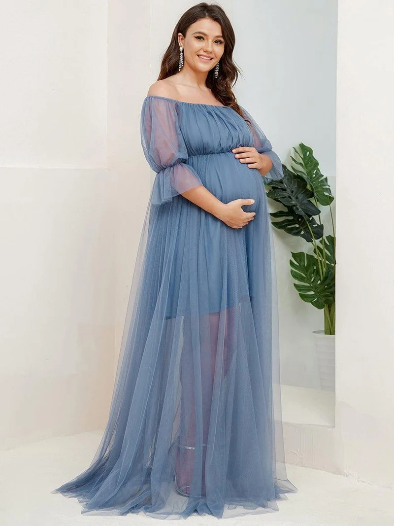 Robe Maxi de Grossesse à Double Jupe en Tulle à Epaules Dénudées de Grande Taille (Vente finale)