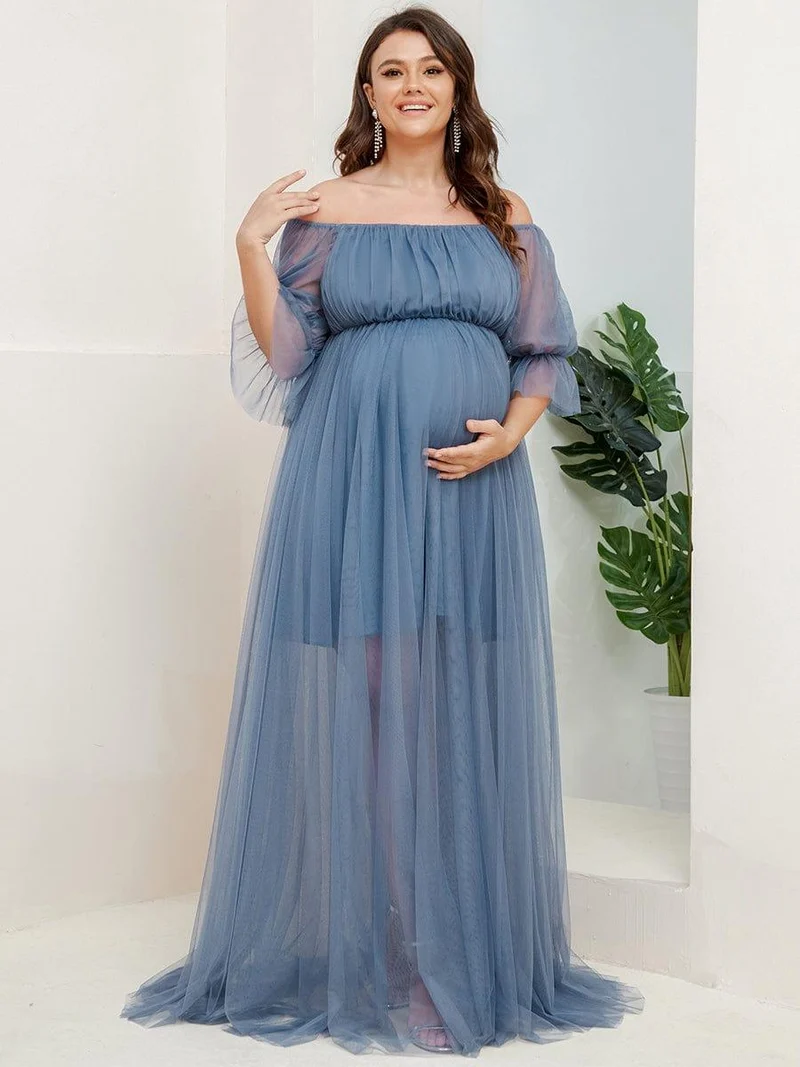 Robe Maxi de Grossesse à Double Jupe en Tulle à Epaules Dénudées de Grande Taille (Vente finale)