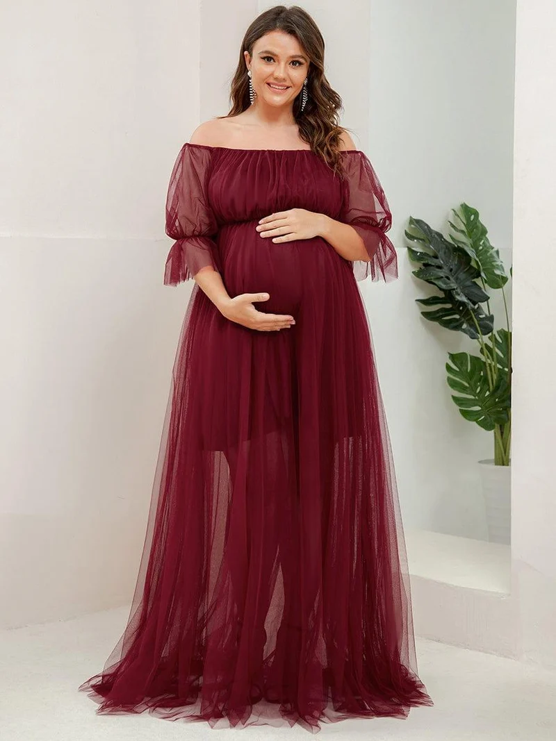 Robe Maxi de Grossesse à Double Jupe en Tulle à Epaules Dénudées de Grande Taille (Vente finale)