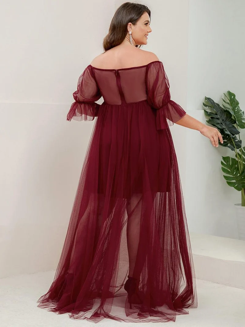 Robe Maxi de Grossesse à Double Jupe en Tulle à Epaules Dénudées de Grande Taille (Vente finale)