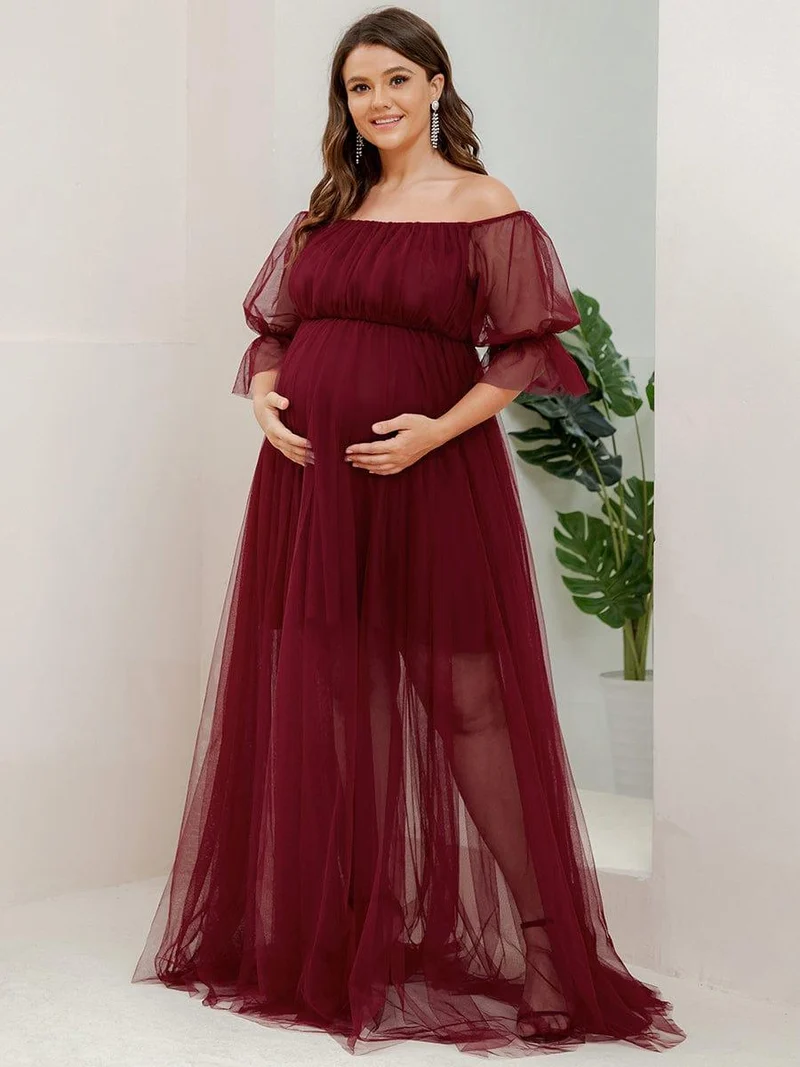 Robe Maxi de Grossesse à Double Jupe en Tulle à Epaules Dénudées de Grande Taille (Vente finale)