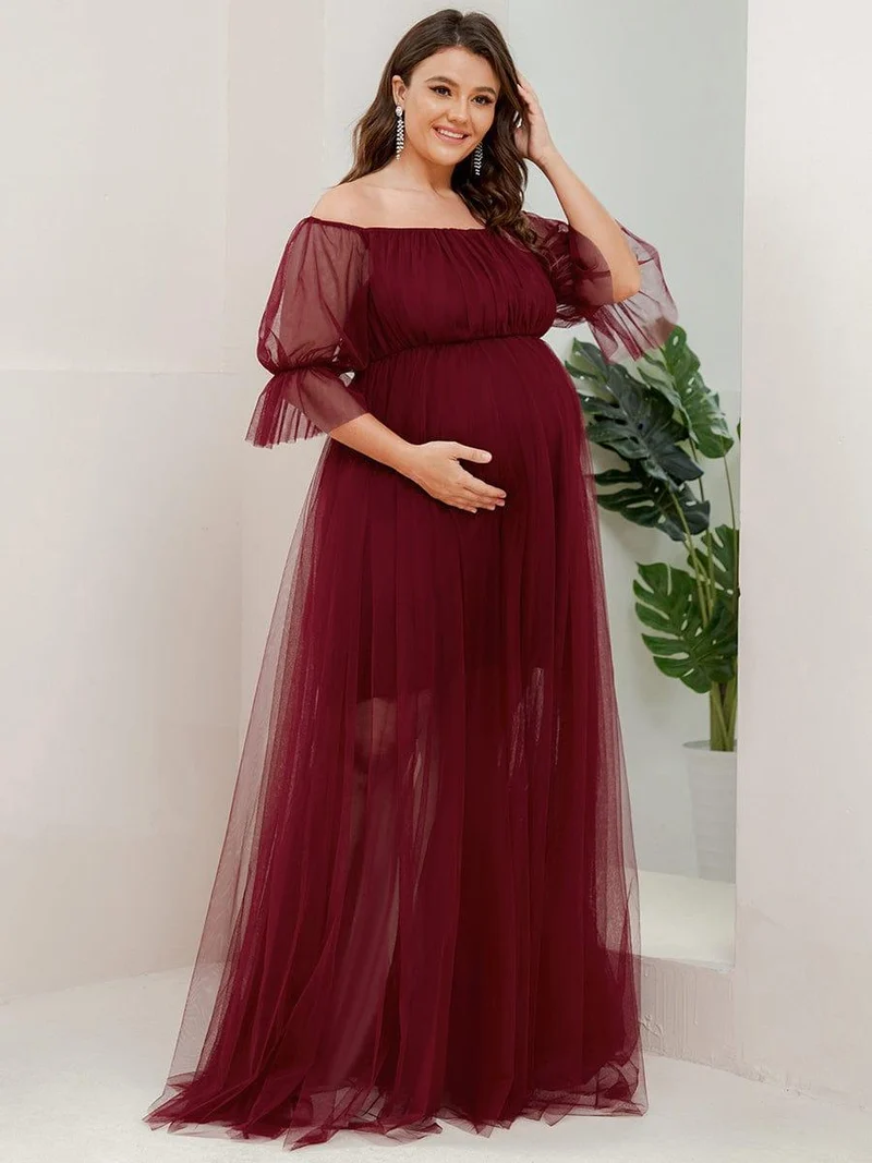 Robe Maxi de Grossesse à Double Jupe en Tulle à Epaules Dénudées de Grande Taille (Vente finale)