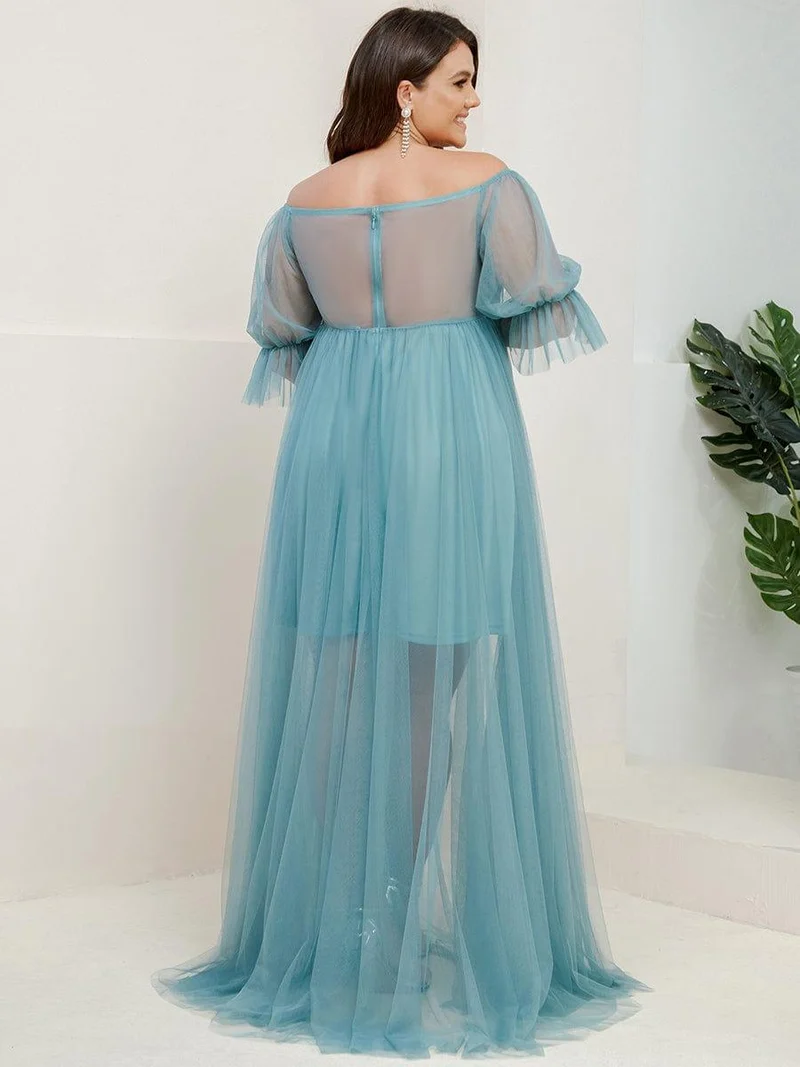 Robe Maxi de Grossesse à Double Jupe en Tulle à Epaules Dénudées de Grande Taille (Vente finale)