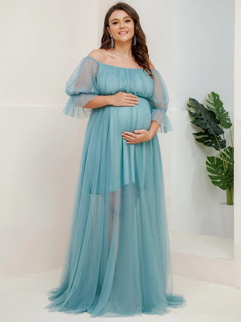 Robe Maxi de Grossesse à Double Jupe en Tulle à Epaules Dénudées de Grande Taille (Vente finale)