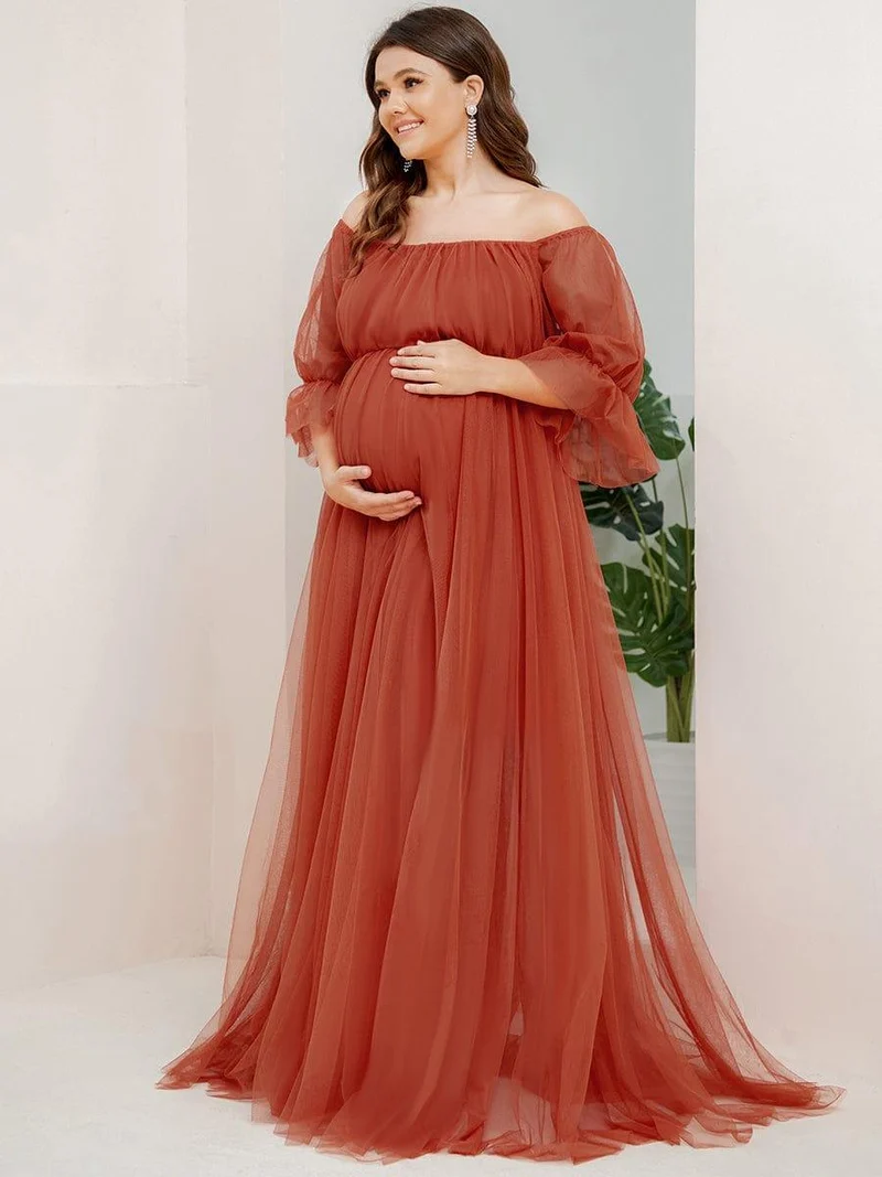Robe Maxi de Grossesse à Double Jupe en Tulle à Epaules Dénudées de Grande Taille (Vente finale)