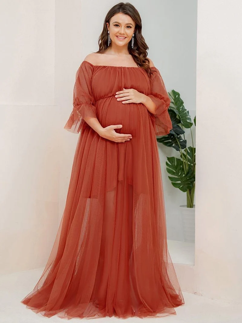 Robe Maxi de Grossesse à Double Jupe en Tulle à Epaules Dénudées de Grande Taille (Vente finale)