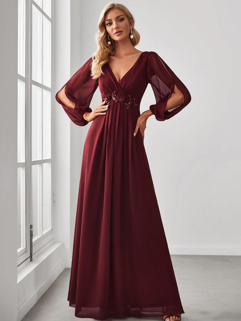 ever AMOUR|Robe Mère De La Mariée moderne Longue Elegante Avec Lanterne en V Profond