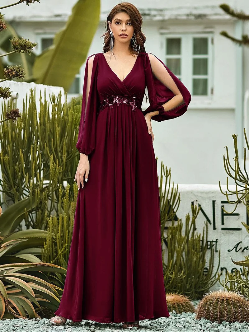 ever AMOUR|Robe Mère De La Mariée moderne Longue Elegante Avec Lanterne en V Profond