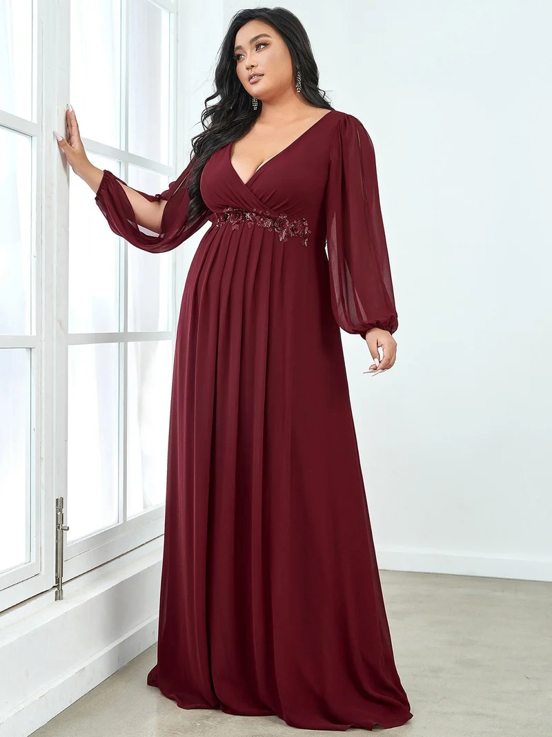ever AMOUR|Robe Mère De La Mariée moderne Longue Elegante Avec Lanterne en V Profond