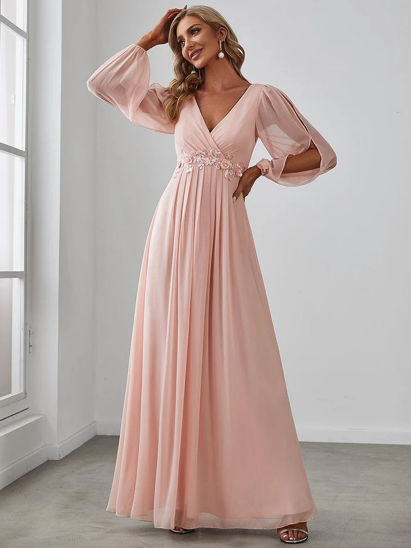 ever AMOUR|Robe Mère De La Mariée moderne Longue Elegante Avec Lanterne en V Profond