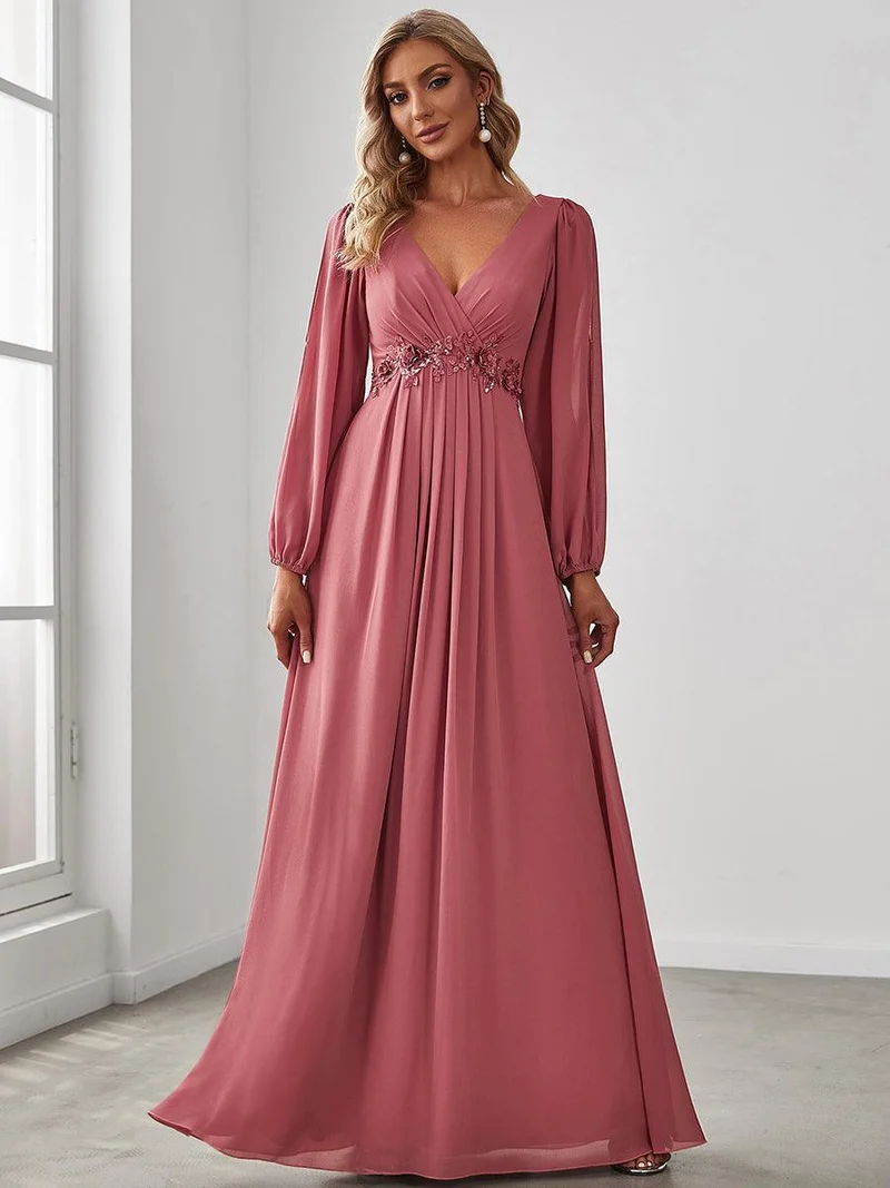 ever AMOUR|Robe Mère De La Mariée moderne Longue Elegante Avec Lanterne en V Profond