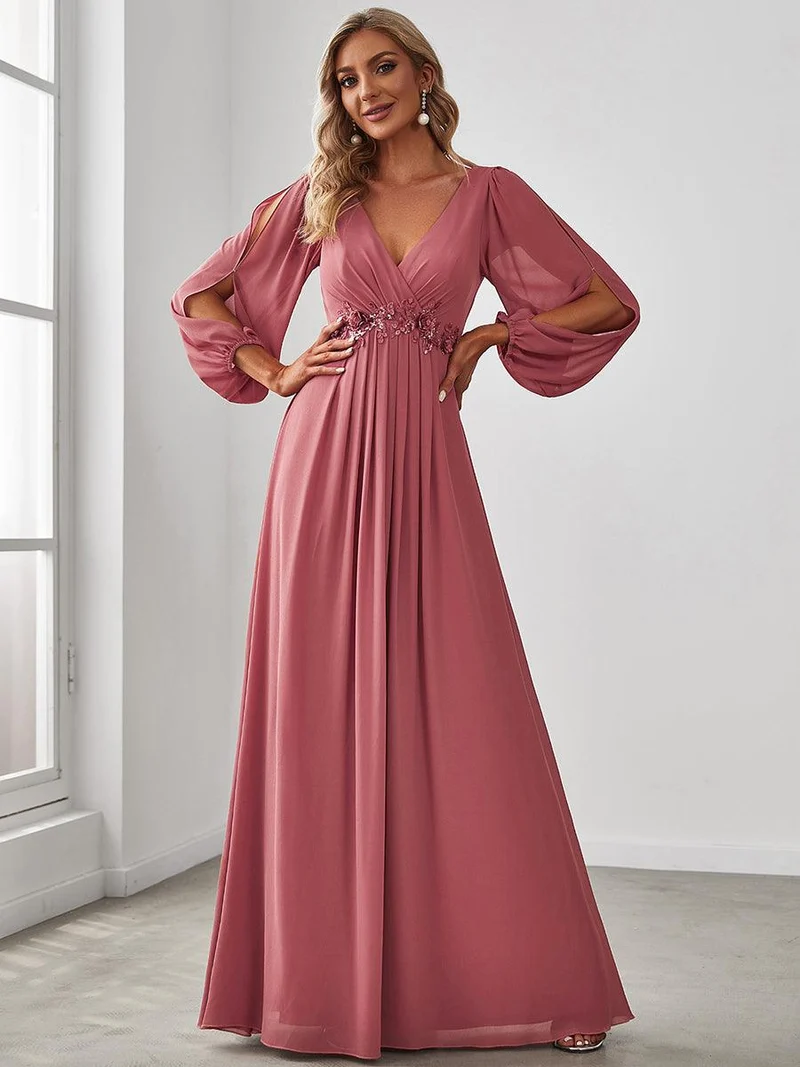 ever AMOUR|Robe Mère De La Mariée moderne Longue Elegante Avec Lanterne en V Profond
