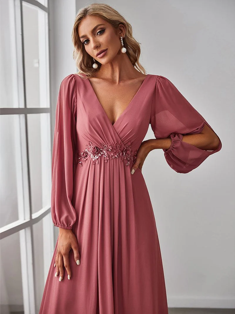 ever AMOUR|Robe Mère De La Mariée moderne Longue Elegante Avec Lanterne en V Profond